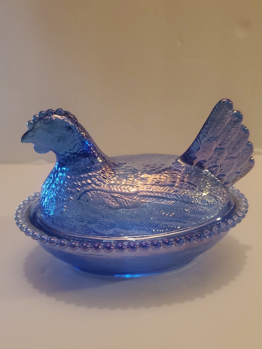 Rose's Closet Blue Carnival Glass Hen On Nest